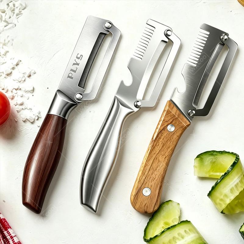 Pelador de Cocina Multifunción de Acero Inoxidable Específico para Cocina para Cortar Frutas y Verduras con Mango de Madera/Acero