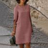Retro High Waist V-Neck Cotton Linen Dress European American Style Solid Color Washed Wrinkled Fabric Three Quarter Sleeves