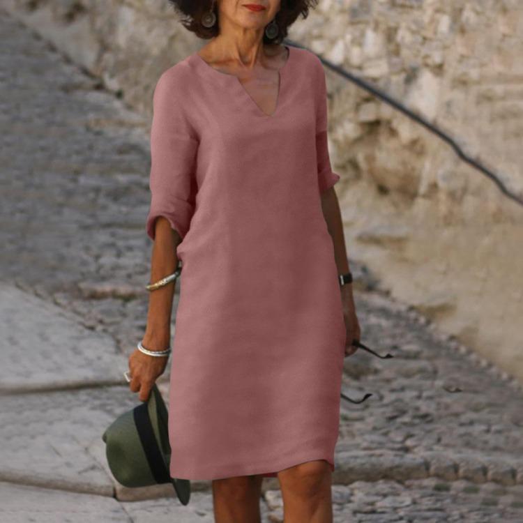Retro High Waist V-Neck Cotton Linen Dress European American Style Solid Color Washed Wrinkled Fabric Three Quarter Sleeves