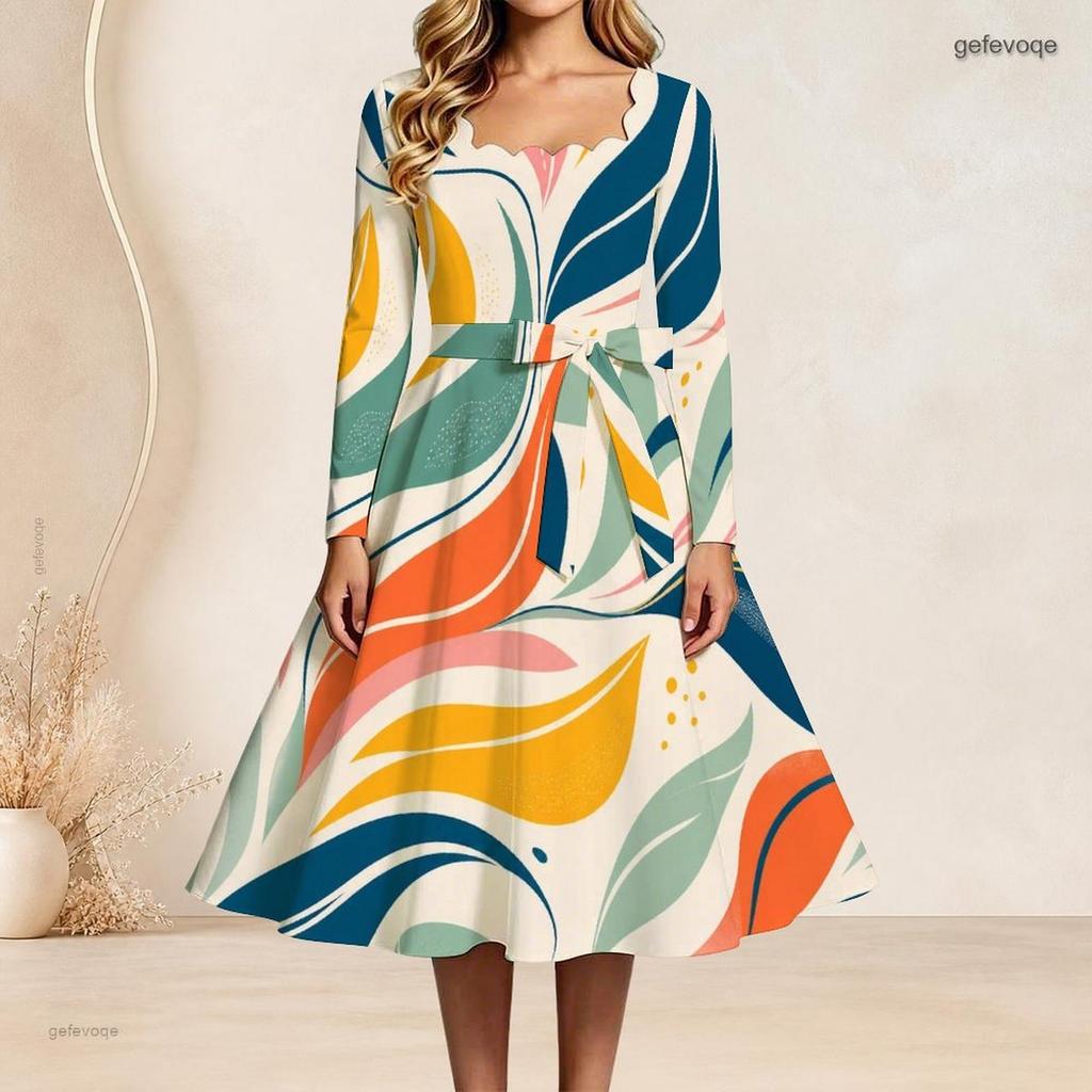 Women Plus Size Square Neck Long Sleeve Printed Tie Waist A Line Flared Dress
