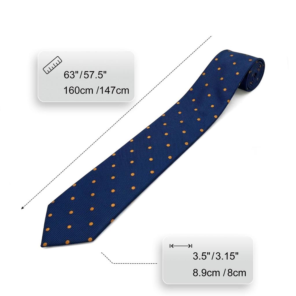 [S&W SHLAX&WING] Dot Tie & Pocket Square Set for Men, Navy Blue with Orange Dots, Extra Long (160cm)