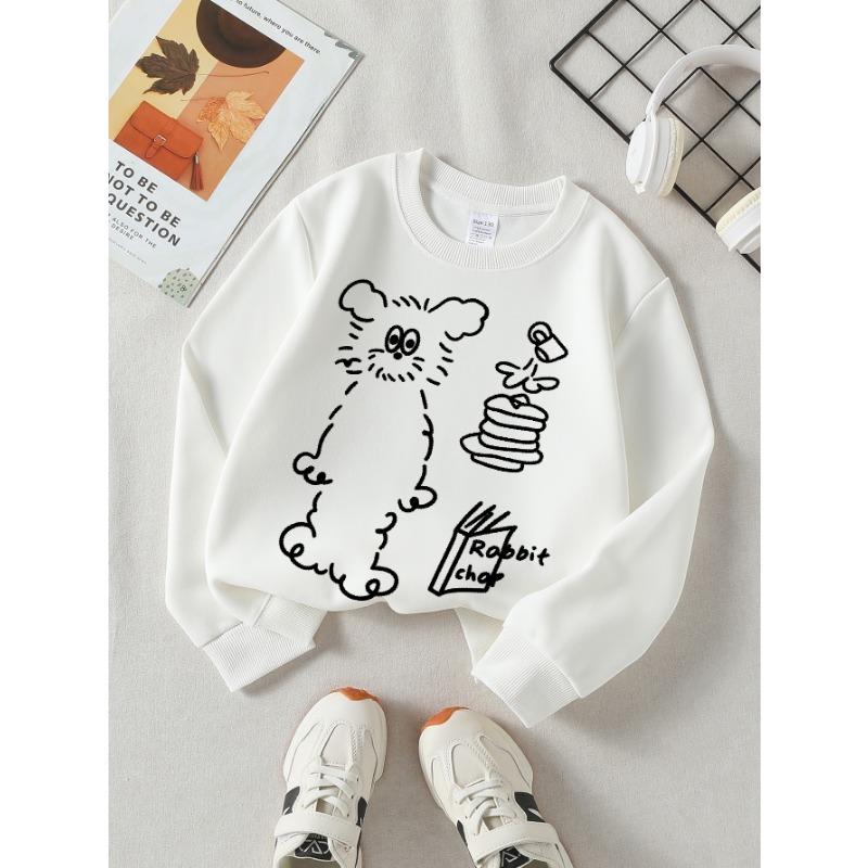 European Sizes Girls' Crew Neck Sweatshirt Cute Rabbit Pancakes And Book Print, Soft Cozy Pullover, Warm Casual for Autumn & Winter.