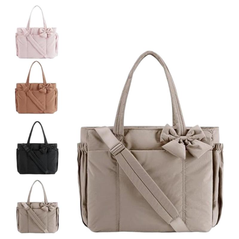 Puffer Tote Bag for Women – Large Capacity Quilted Shoulder Bag with Bowknot, Lightweight Travel Crossbody Tote Handbag less