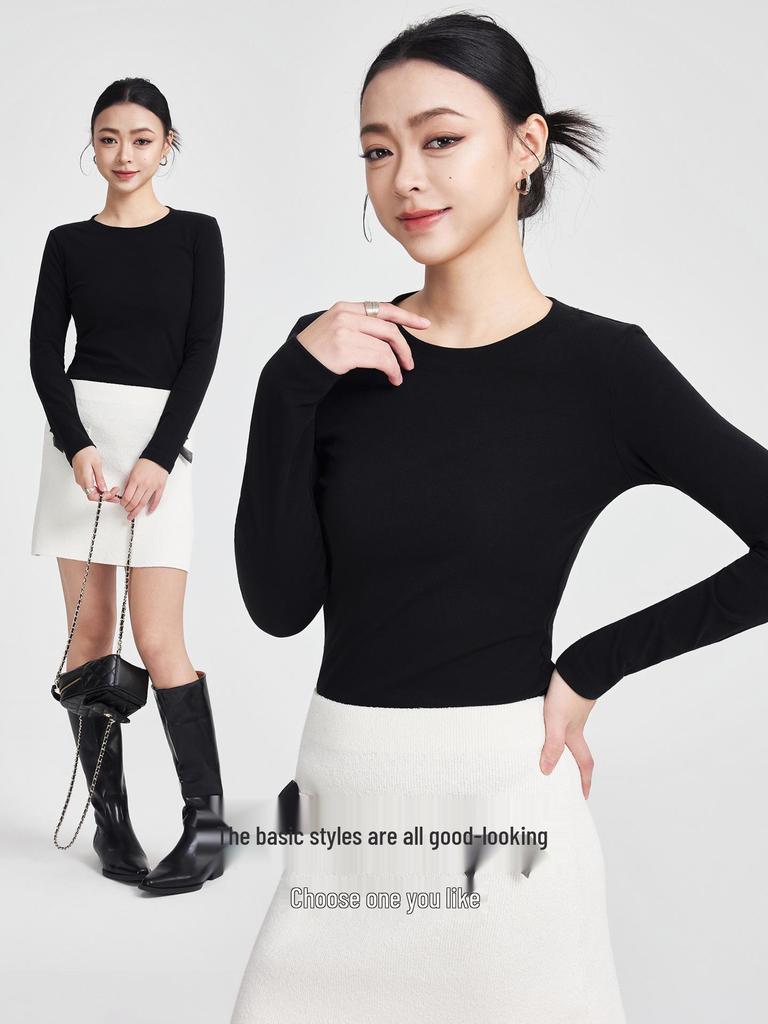 She Exhibition Women's Cotton Round Neck Long Sleeve T-shirt, 2025 Autumn/Winter Style Base Layer Top.