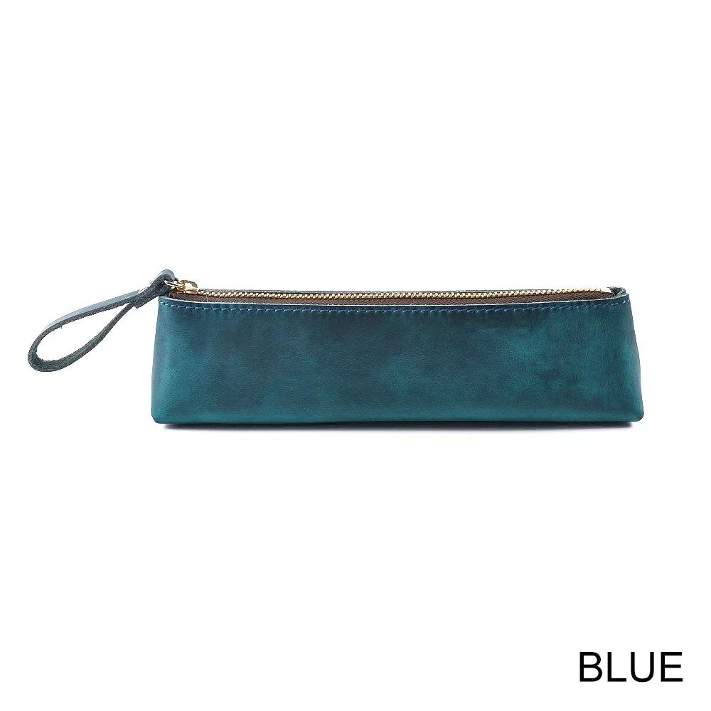 Genuine Leather Zipper Pen Case Pencil Bag Large Capacity Vintage Crazy Horse Leather Handmade Creative School Stationary