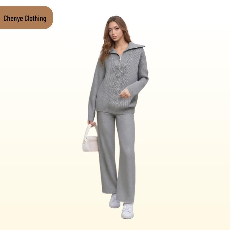 2025 Autumn/Winter High-Neck Knit Top & Wide-Leg Pants Set