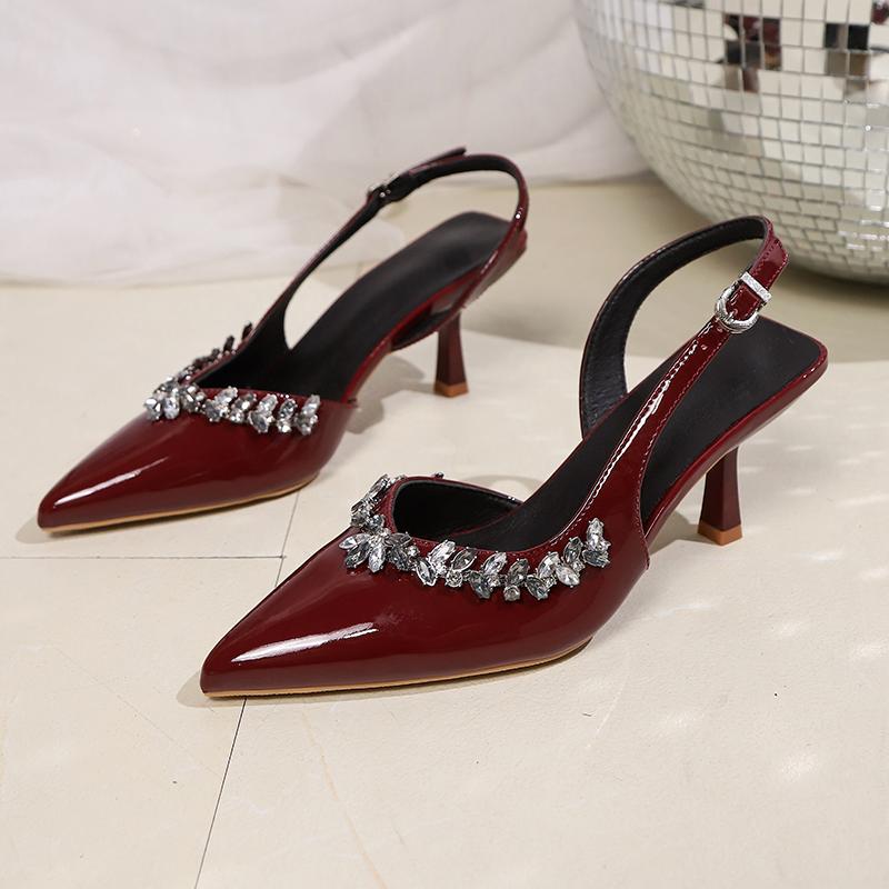 

Кристальные туфли-лодочки с острым носком, женские сандалии на высоком каблуке-шпильке, сексуальная обувь для платья, элегантные туфли-лодочки, женские шлепанцы, лето 2025, Mujer Zapatos 43 вино красного