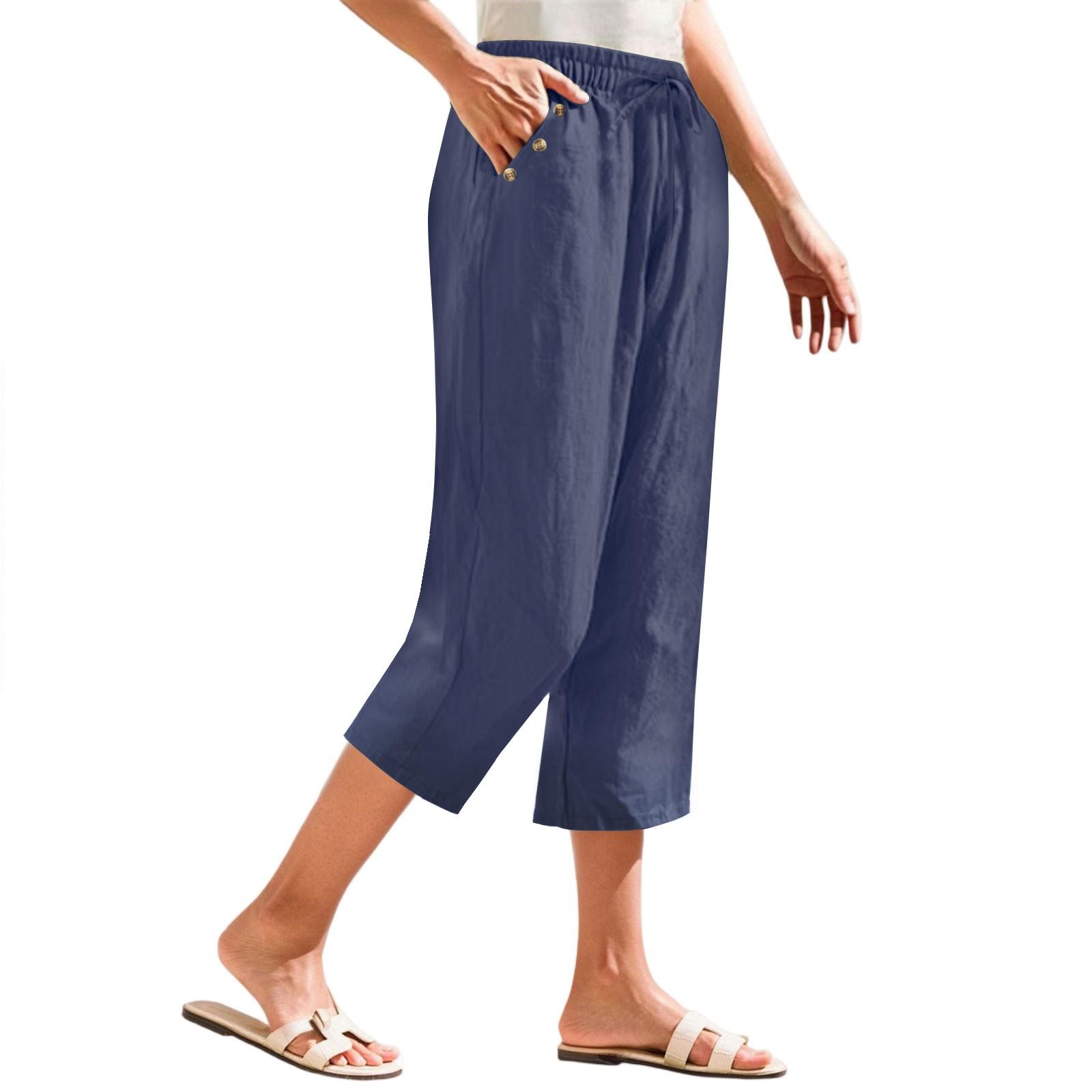 

Women s Cropped Pants Stralght Pants With Pockets Lightweight Caual Loose Trousers M тёмно-синий