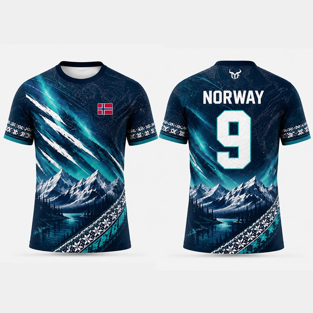 Huiteng13 Nieuw Noorwegen Vlag Print Voetbal T-shirt Sneeuwberg Patroon Ademend Trainingsshirt Unisex Sport Sneldrogend Casual Ronde Hals Top S