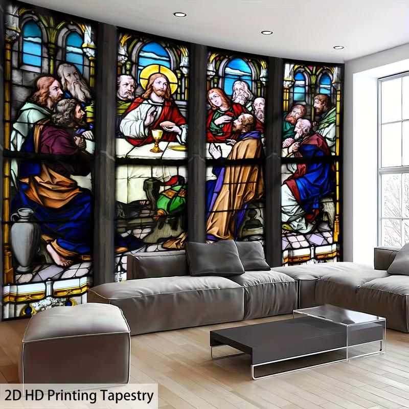 2D The Last Supper Tapestry Stained Glass Style Religious Wall Hanging 47.2x31.5inch/120*80cm