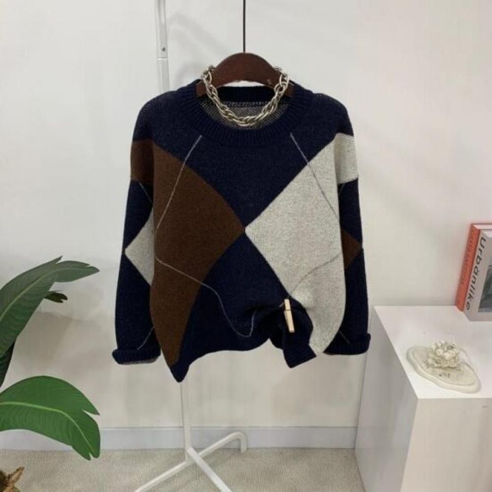 C S In The Room Mara Wool Argyle Pattern Round neCk Long Sleeve Knit 3 ColorS