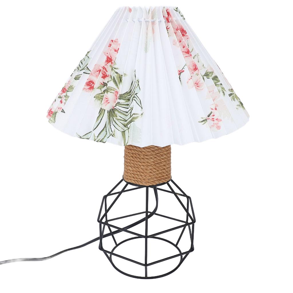 Pleated Lampshade Table Lamp Vintage Jute Rope Iron Geometric Bedside Lamp for Bedroom Living Room Office