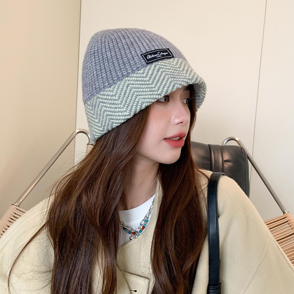 Big head circumference knitted bucket hat women's autumn and winter warm color matching versatile plain bucket hat fashionable color wool hat men