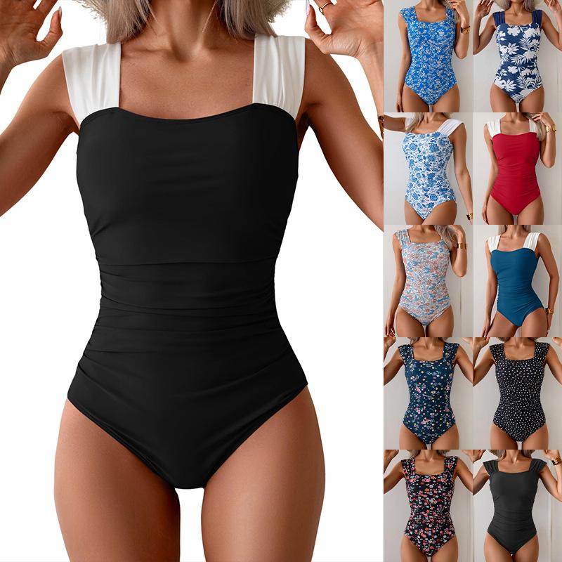 Womens Wide Strap Ruffle Detail One Piece Swimsuit Multi Color Print Bathing Suit
