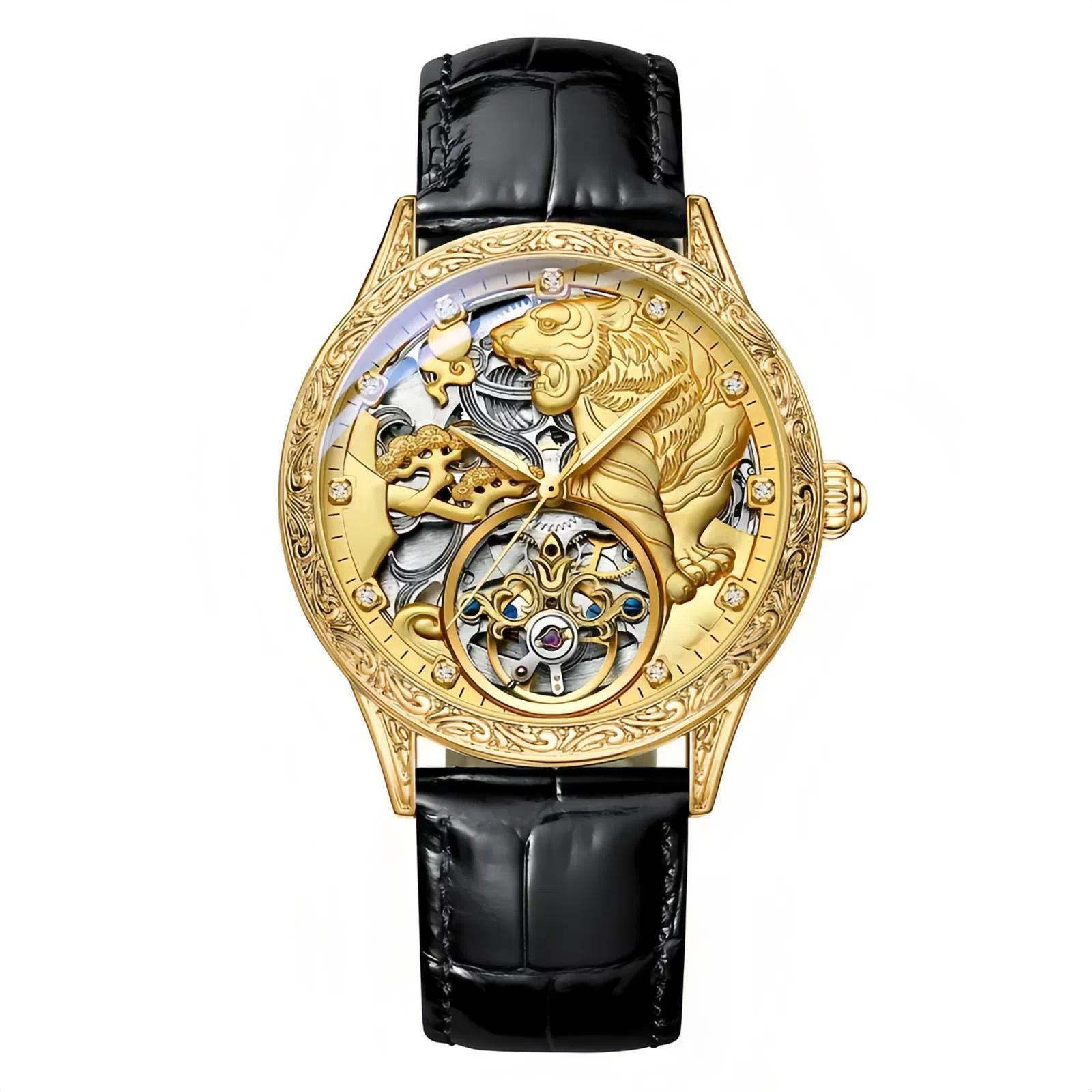 

Fashion Design Luxury Gold Tiger Watch Men Tourbillon Watches Leather Strap Automatic Mechanical Wristwatches Men золотий