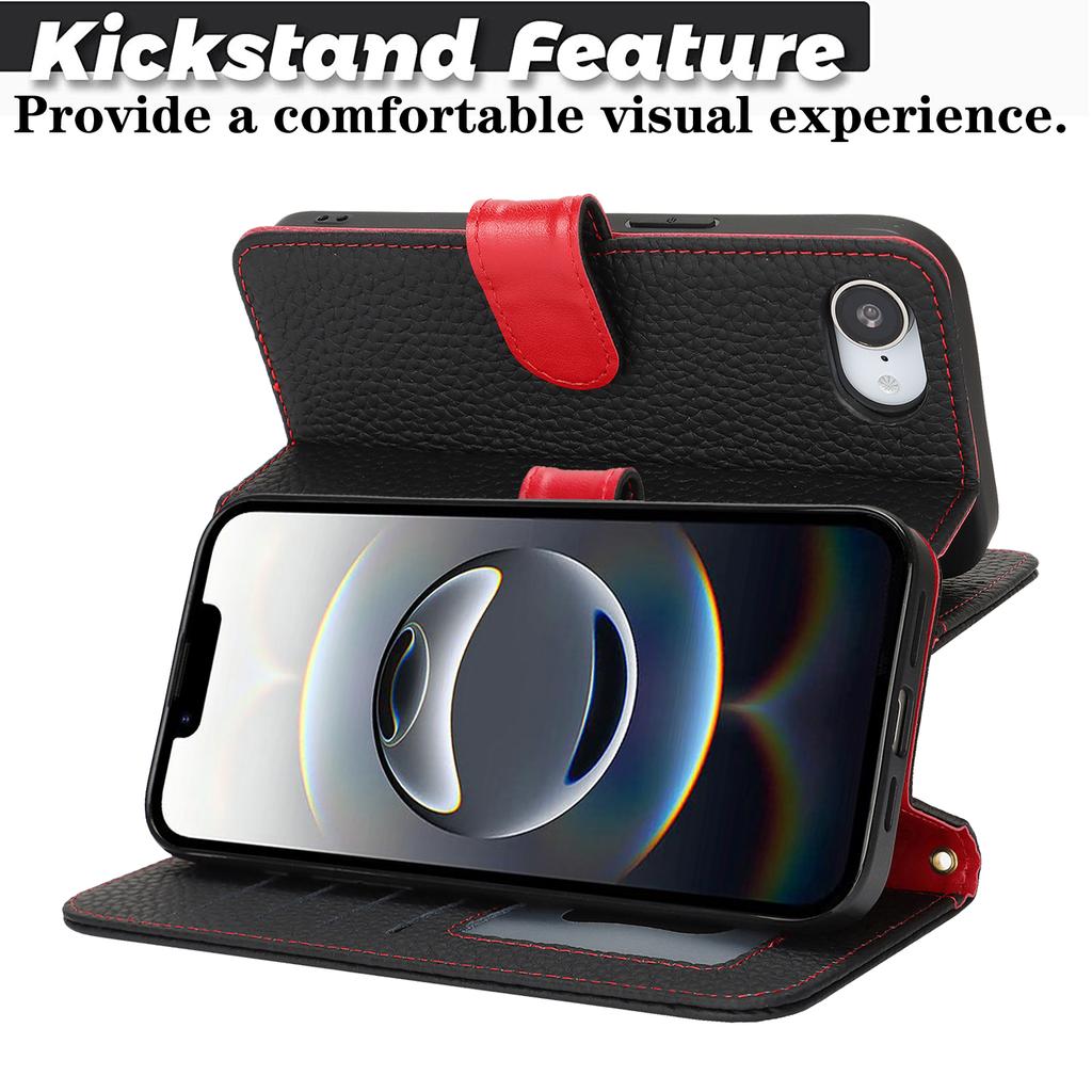 For iPhone 16e Stand Case Litchi Texture Genuine Cow Leather Wallet Phone Cover RFID Blocking