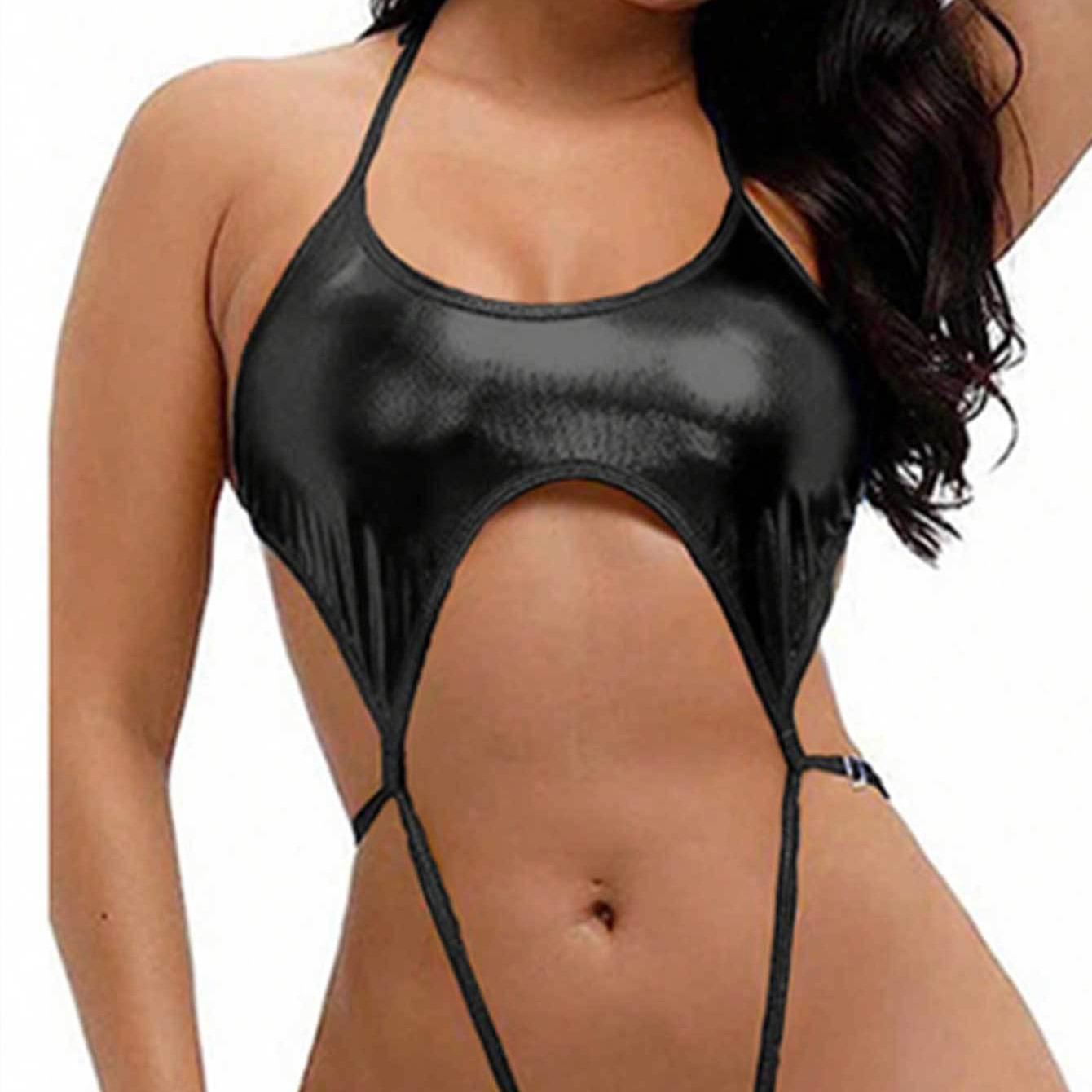 

Женский сексуальный блестящий треугольный цельный купальник, летний купальник-стринги с завязками по бокам, открытая спина, эластичный бикини One Size чёрный