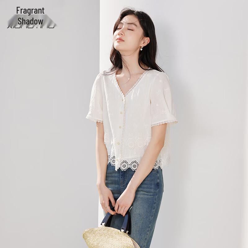 Xiangying Women s French Embroidered Lace V-neck Blouse M