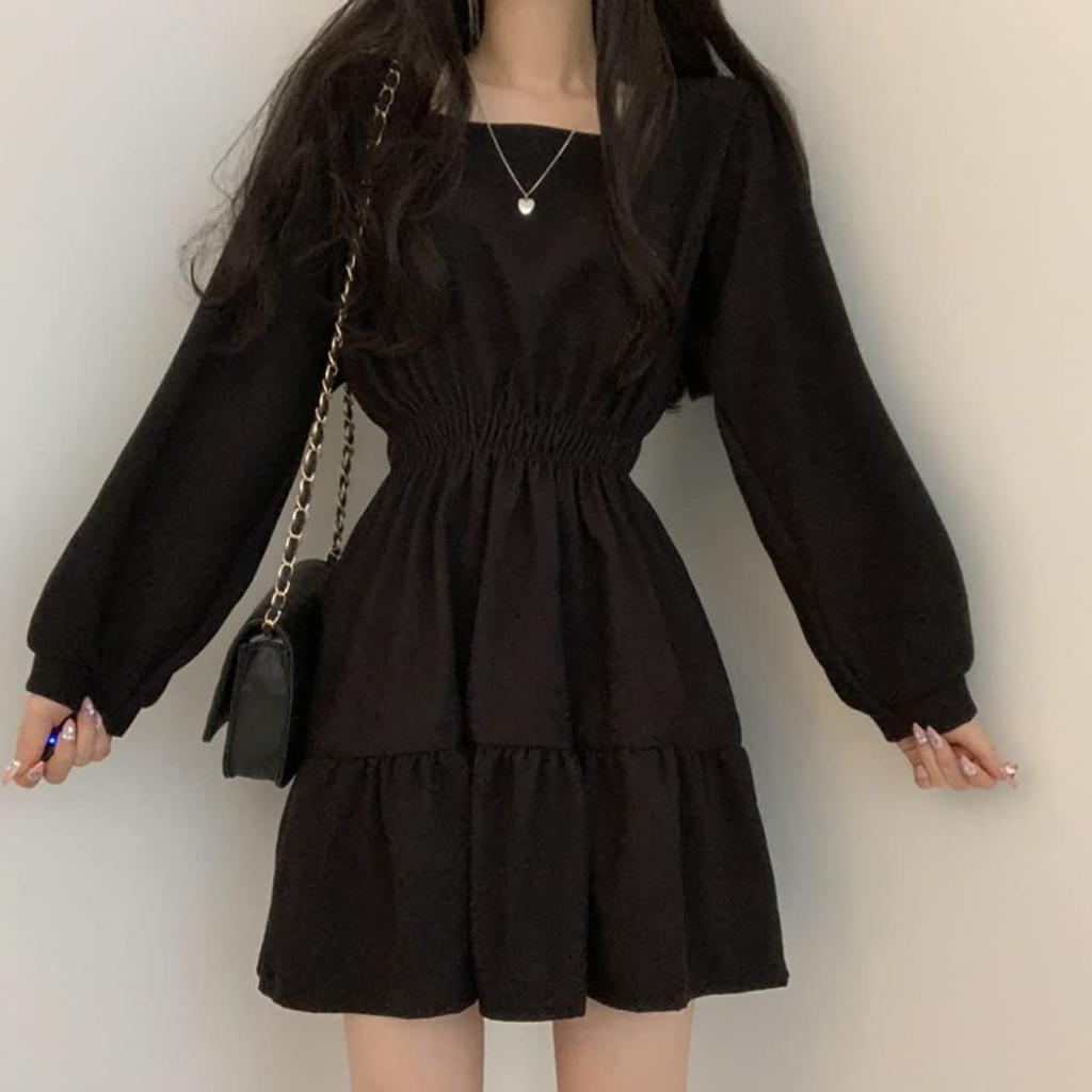 DAYCLOSET Mini Long Above the Puff tops1678 Dress, Sleeves, Knee, A-Line, Tiered, Flared, Sleeves, Mid-Weight, Spring/Autumn, (M, Black)