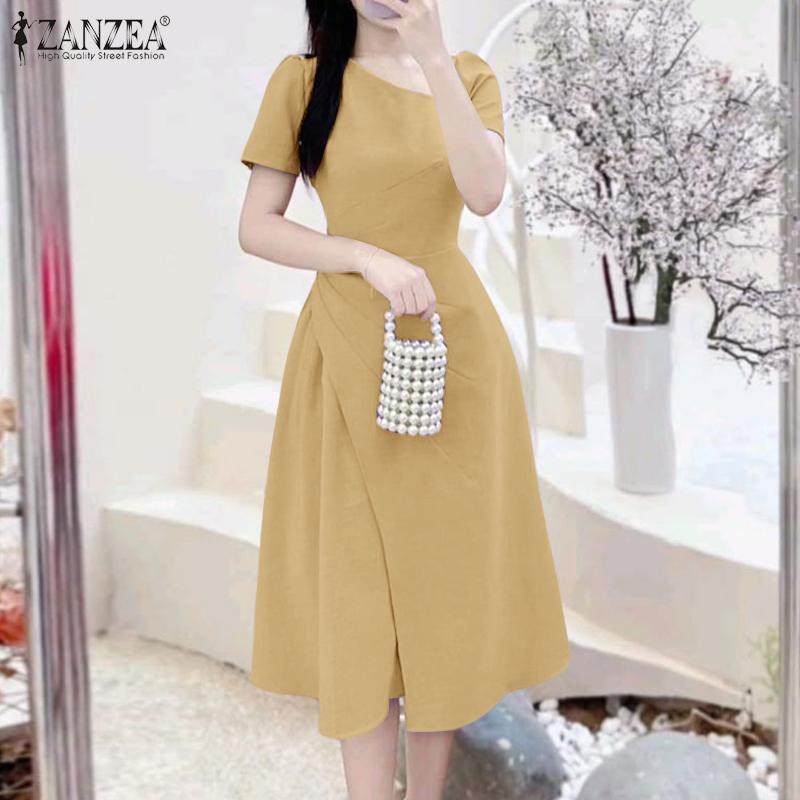 ZANZEA Women Casual Irregular V Neck Summer Short Sleeve Dress