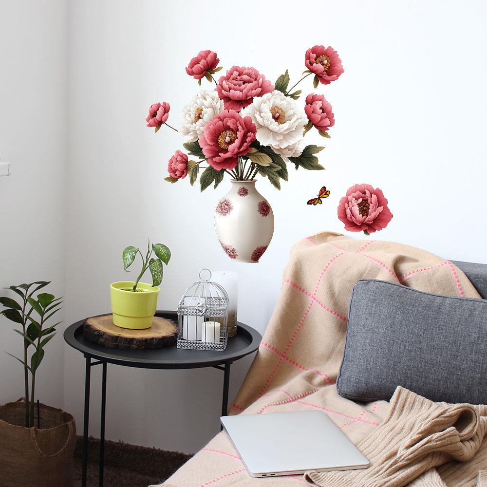 Self Adhesive Vase Peony Flower Wall Stickers Decals Peel and Stick Removable Waterproof for Living Room Bedroom Home Decor