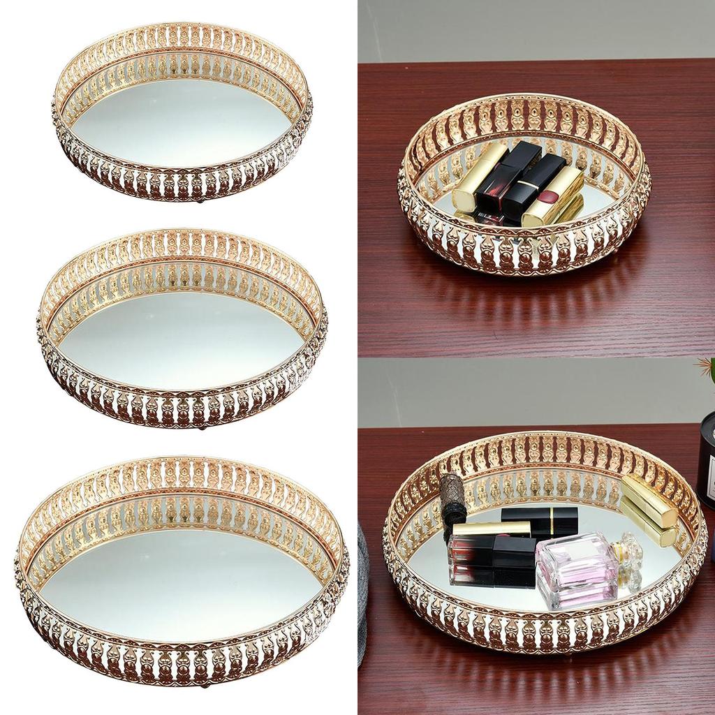 Large Decorative Tray ,Vintage Glass Jewelry Tray with Mirrored Bottom Vanity Organizer Home Ornament