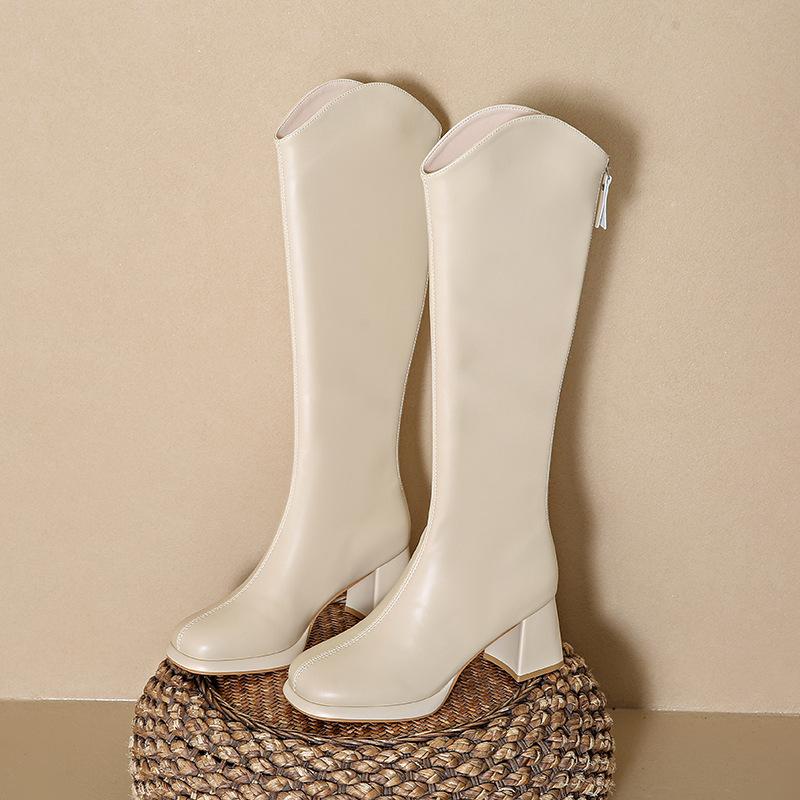 

2024 Новые женские рыцарские сапоги большого размера на толстом каблуке, сапоги до середины голени в ковбойском стиле с V-образным носком 43