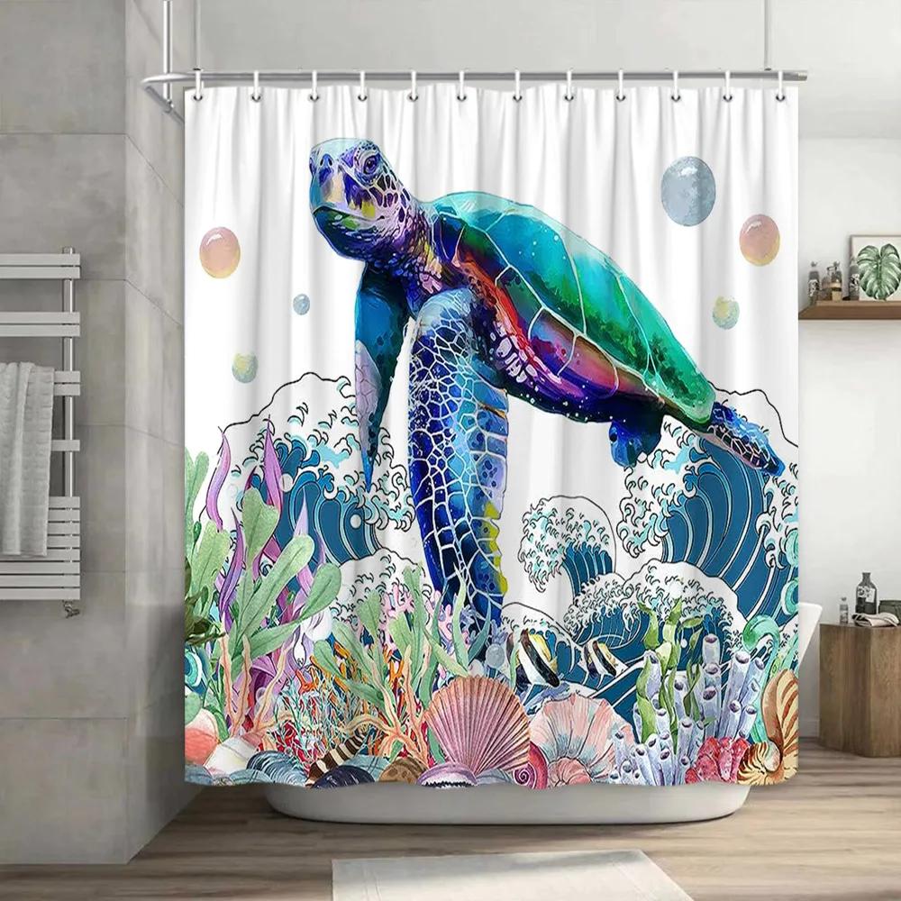Funny Shower Curtain Brave Cat Cartoon Shower Curtain Waves Ocean Decor Fabric Shower Curtain Set with Hooks Bathroom Decoration