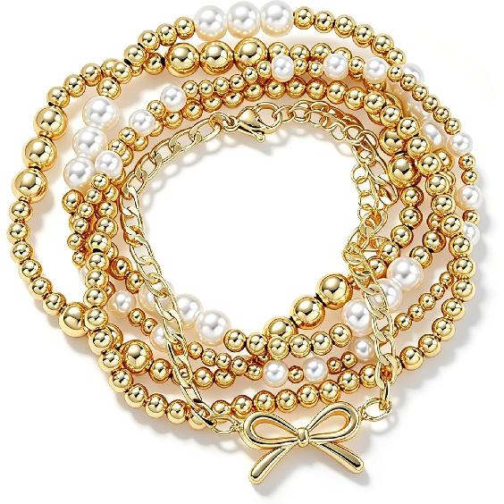 Gold Beaded Bracelets for Women, 14K Real Gold Plated Jewelry for Women Dainty Pearl Bead Bracelets Stack, Non Tarnish Trendy Stackable Ball Cross