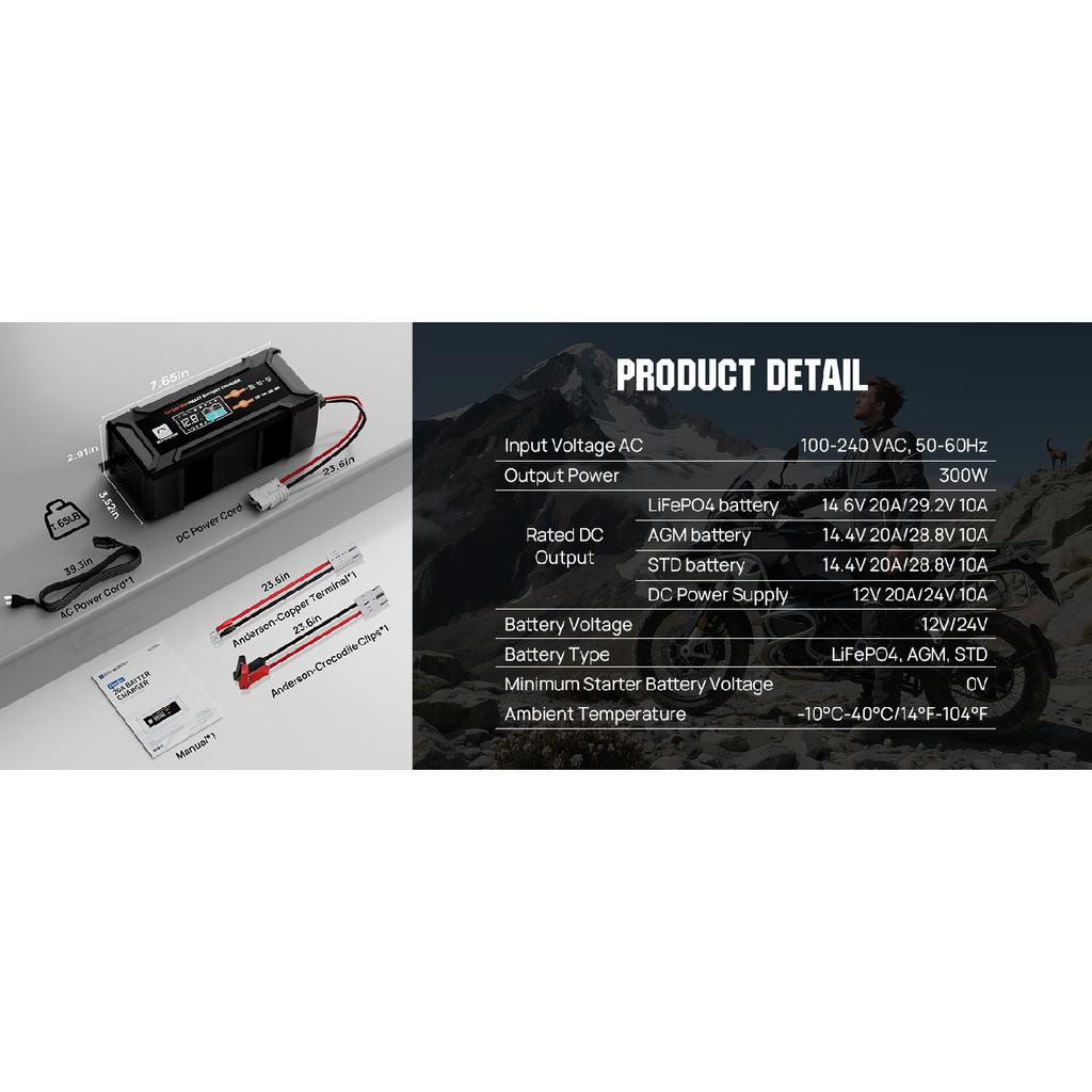 ECO-Worthy 12V/24V 20A Smart Battery Charger Maintainer, Auto Voltage Detect for LiFePO4 Lead-Acid with Multi-Current Options 5A