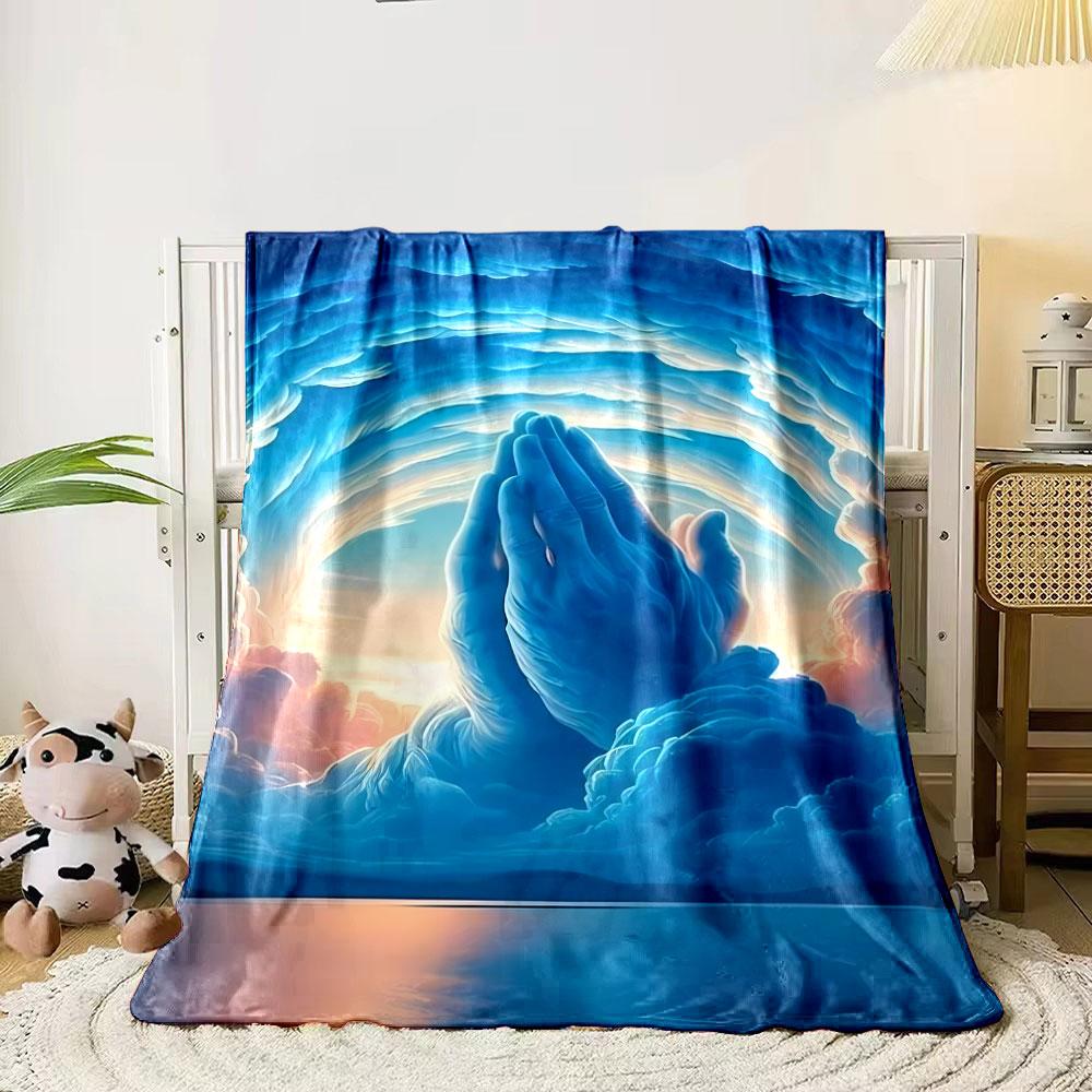 Praying Hands Cloudy Sky Blanket  Printed Blanket for Living Room Bed Couch Lunch Break Soft Cozy Blanket for Friend's Festival Gift