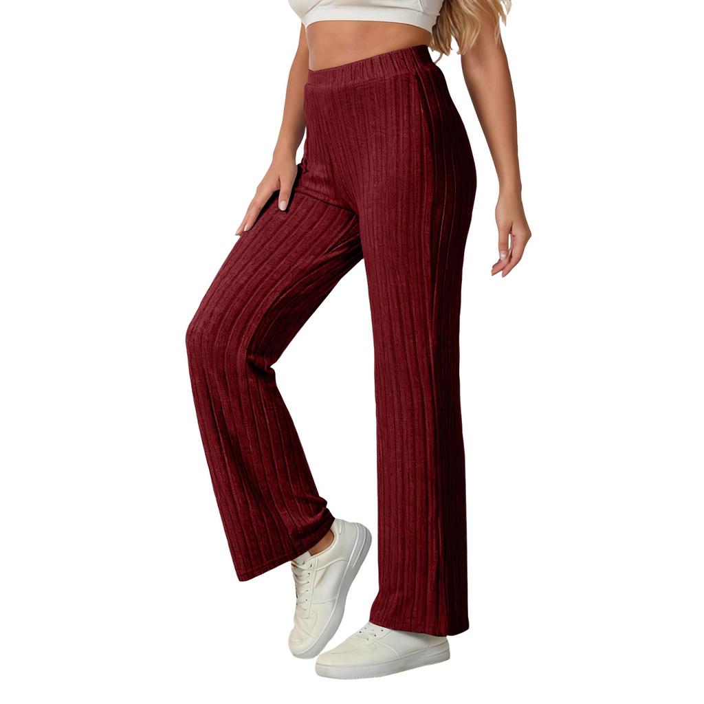 Women's Loose Straight Leg Leggings, High-Waisted Elastic Ribbed Knit Casual Pants, Comfortable And Warm Sweater Pants, Soft Home Pants
