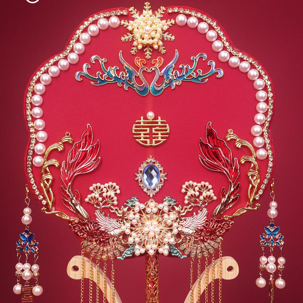 Chinese Wedding Fan DIY Kit: Round Red Bride Xiuhe Face Covering Happy Fan