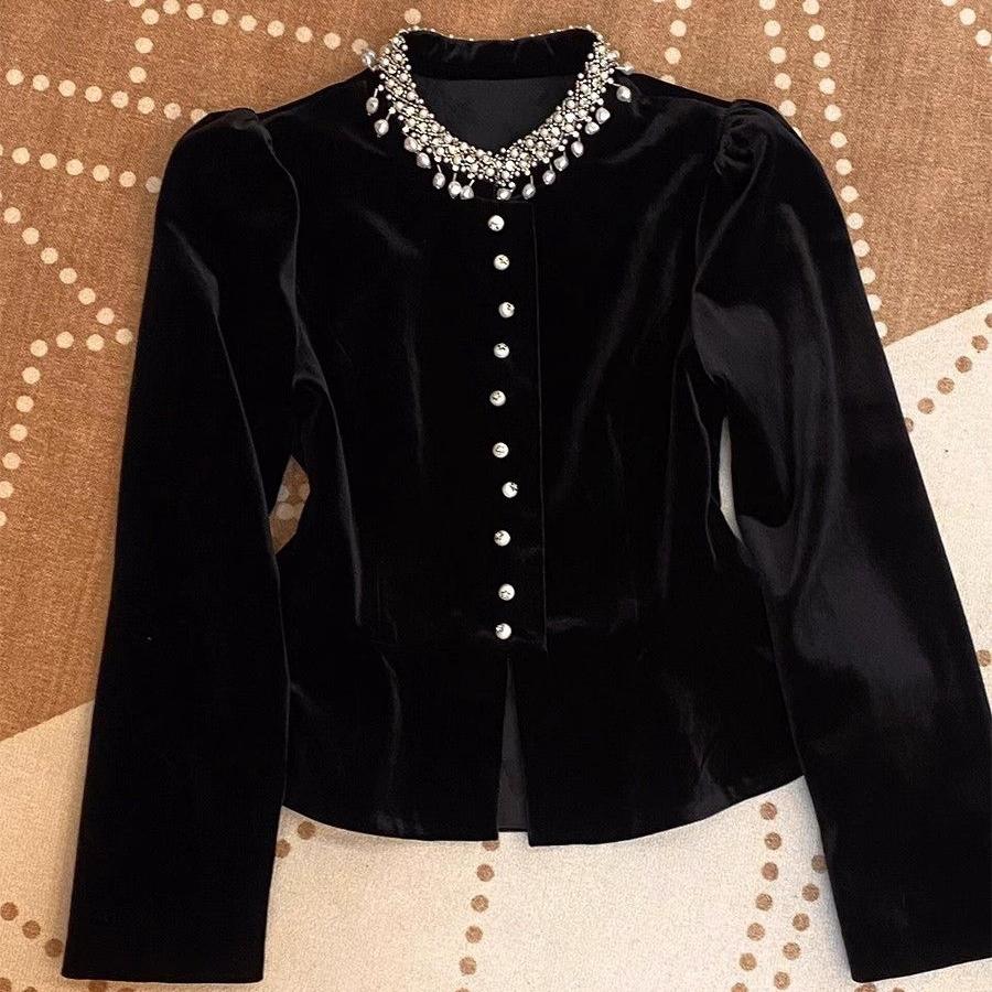 

Блузки Женские Черные Тяжелая Вышивка Круглый Вырез Рукава-Буфы Рубашки Mujer De Moda Приталенная Бархатная Винтажная Блузка XS чёрный