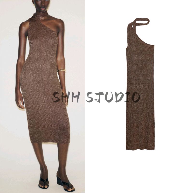 Summer Women's French off-the-Shoulder Design Metal Yarn Asymmetric Collar Midi Skirt Dress 5063802