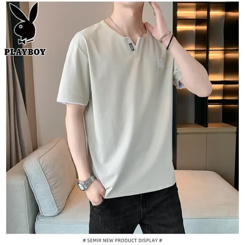 PLAYBOY Men's Ice Silk V-Neck Short Sleeve T-Shirt