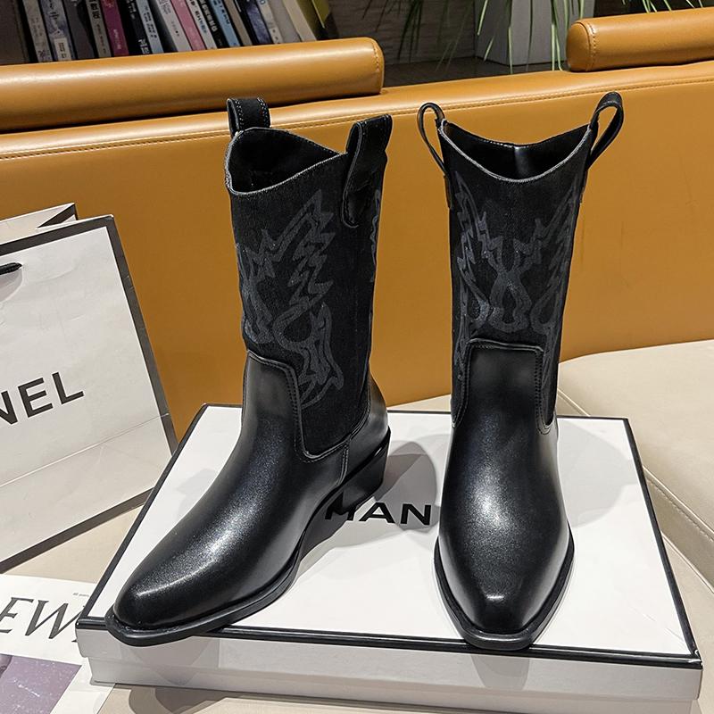 Fashion 2025 Spring/Summer Fashion Pointed Solid Color Women's Mid Top Boots, Mid Heel Boots Embroidered Western Cowboy Boots