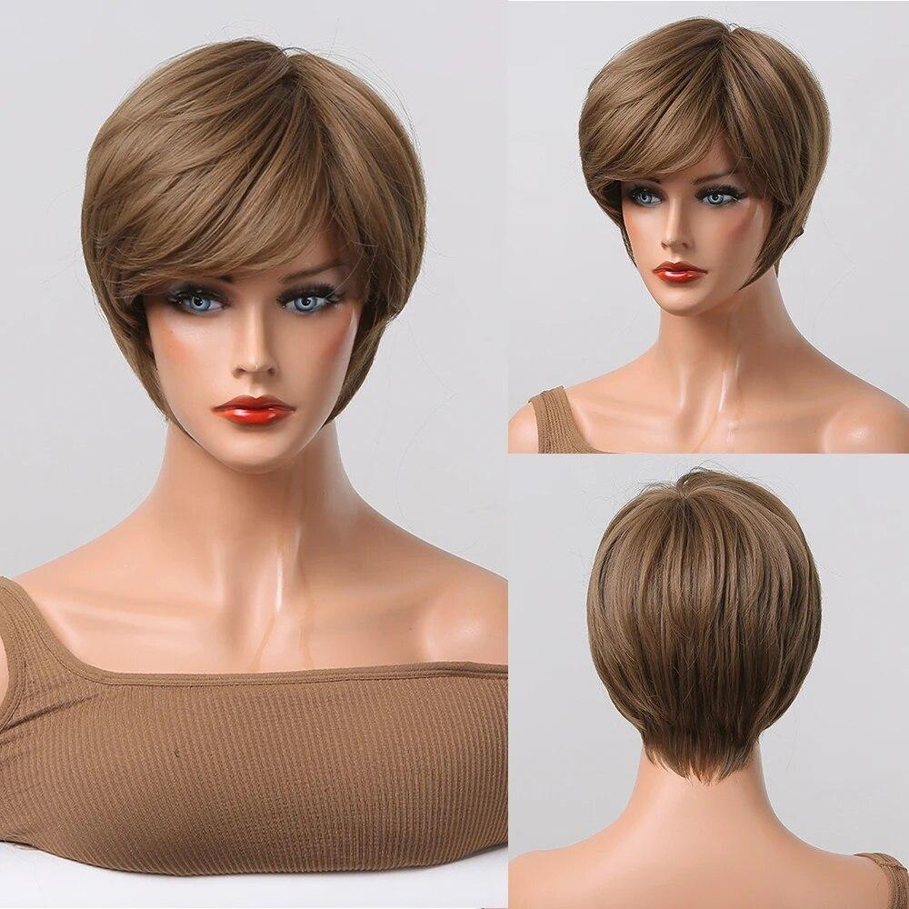 Short Straight Bob Synthetic Wigs with Bangs for Women Brown To Blonde Wig Cosplay Party Daily Heat Resistant Fiber Hair