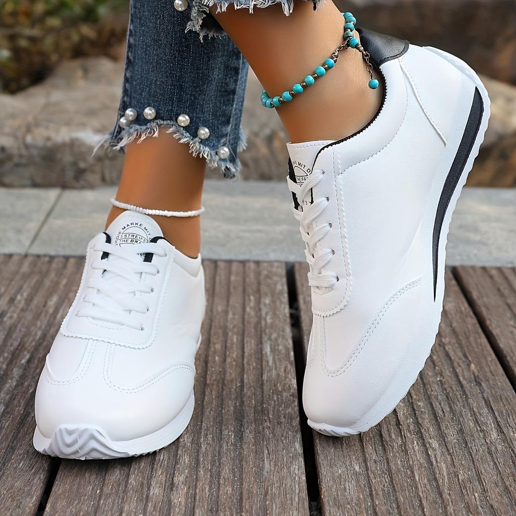 Women's Low-Top Sneakers Striped Sole White Sneakers Casual Outfits - Sporty Lace-Up Shoes with Fabric Upper Women Shoes