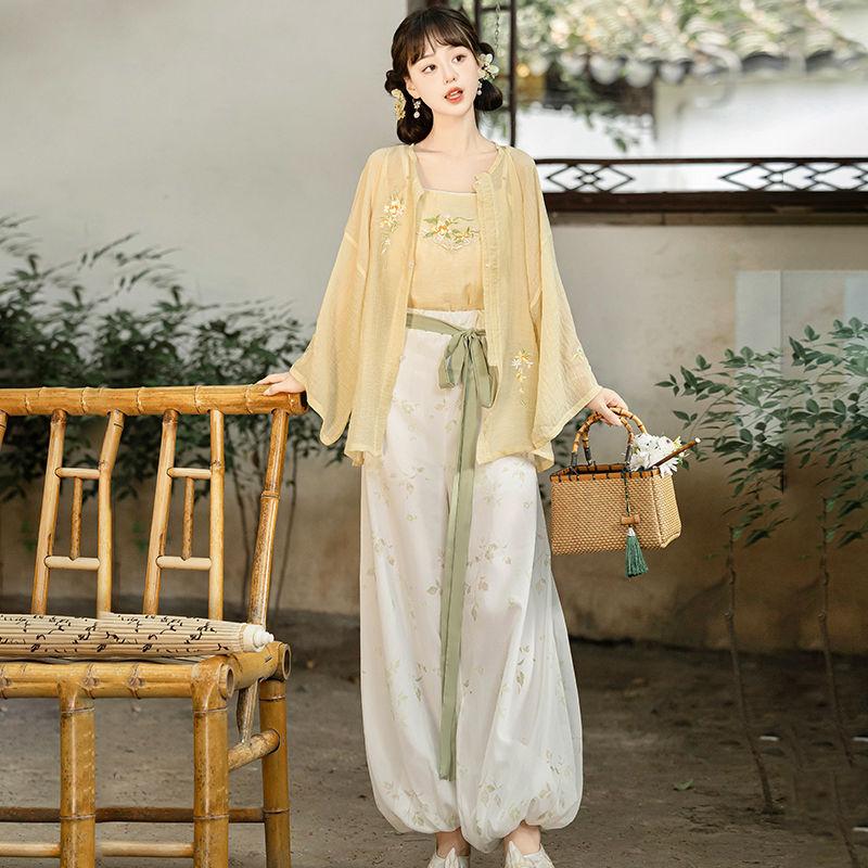 Cămașă cu gât rotund și pantaloni bufant hanfu în stilul dinastiei Song chineze pentru femei, costum de zi cu zi de primăvară și vară