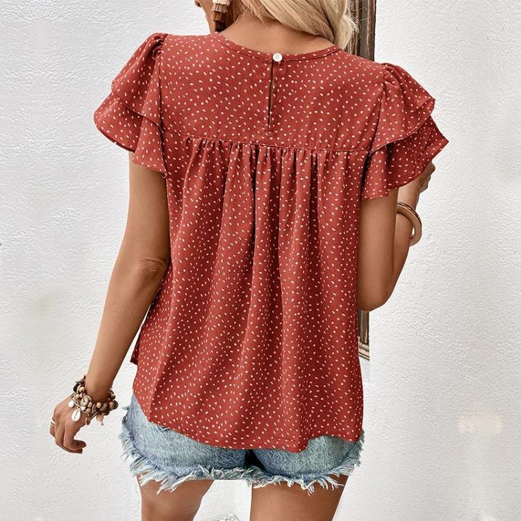 Women Summer Loose Green Blouse Ruffled Short Sleeve O Neck Tops