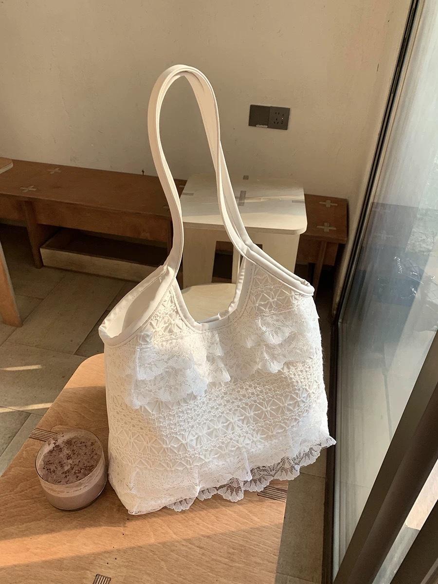 

Летняя повседневная отпускная сумка-тоут из сетки с кружевом фери газ, на плечо, подмышку, большая белый