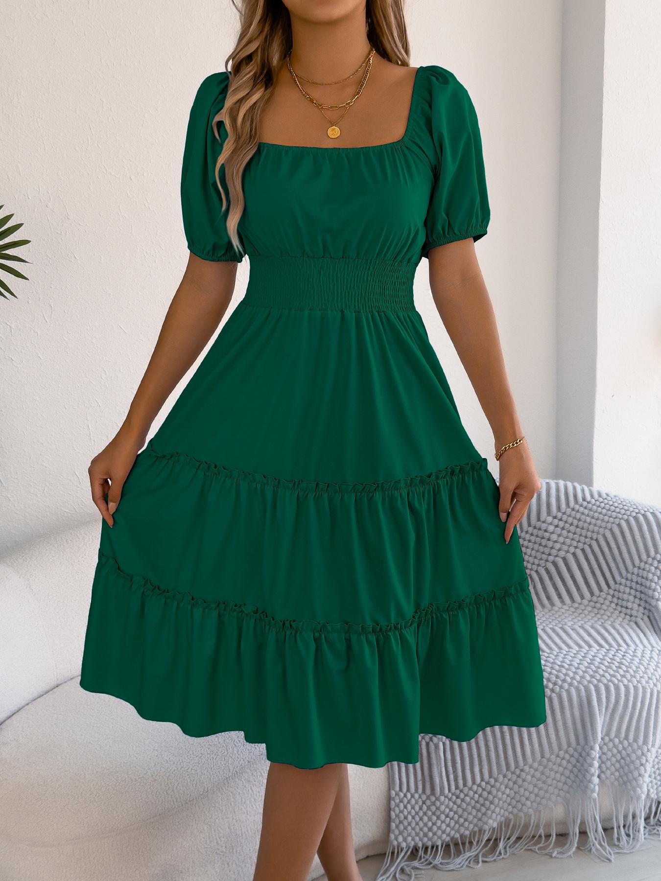 women s Square Neck Puff Short Sleeve Smocked High Waist Ruffle Tiered Midi Dress Solid Color A Line Dress S темно-зеленого