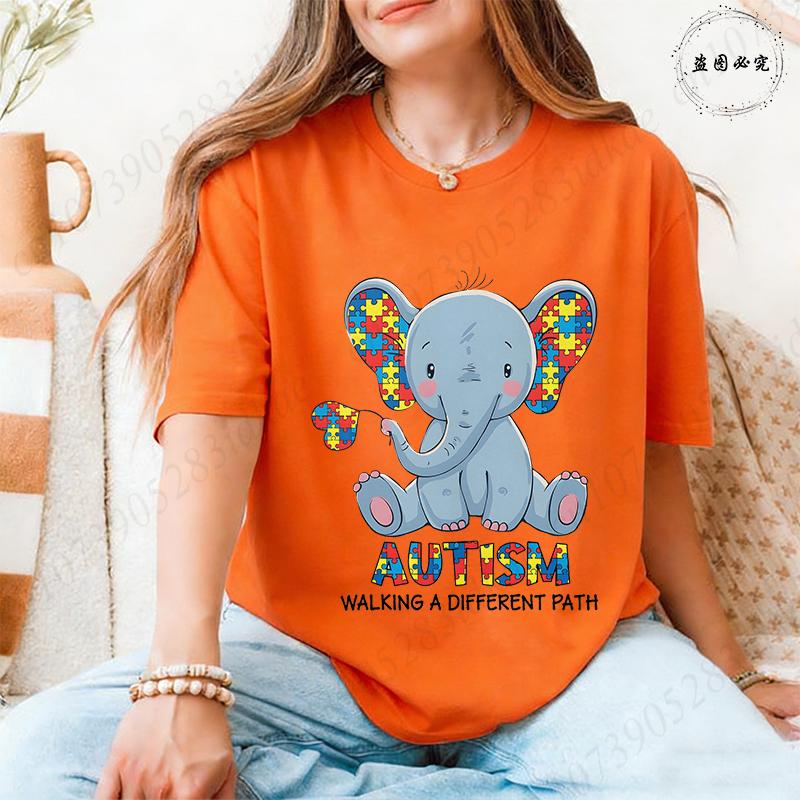 Unisex's Autism Awareness T-shirts: Cute Elephant Puzzle Graphic Tops Walking A Different Path Short Sleeve Autism Support Tees