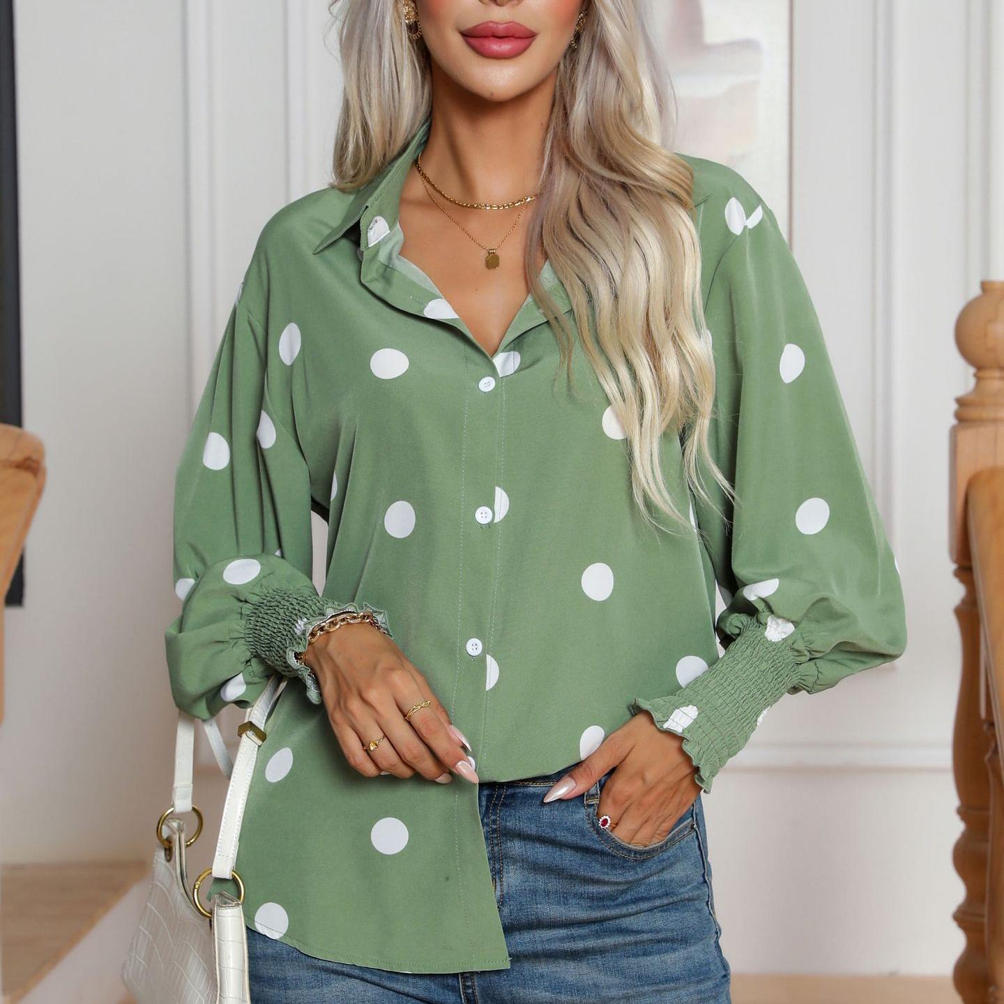 

Рубашка с рукавами-фонариками в горошек Женская блузка с длинным рукавом Зеленый свободный топ XXL светло-зеленый