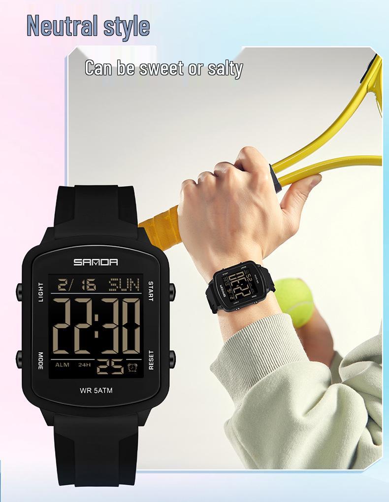 Sanda Dual Time Waterproof Transparent Sports Wristwatch with Colorful Single Display and Student Timer Function