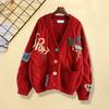 V Neck Long Sleeves Pockets Ribbed Trim Knitted Coat Winter Embroidery Letter Pattern