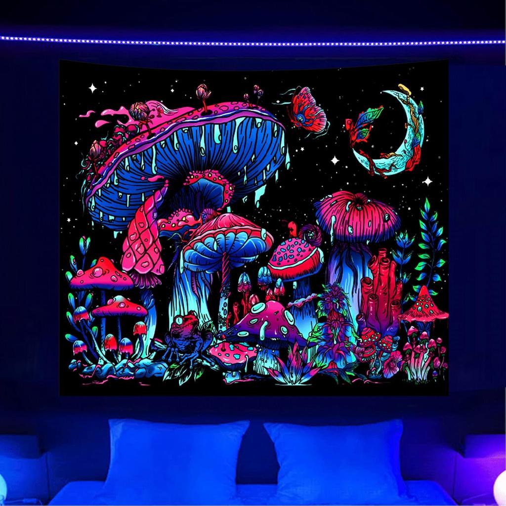 Onivein Blacklight Mushroom Tapestry Glow in the Dark Fantasy Plant Tapestry UV Reactive Moon Butterfly Frog Tapestries Poster Wall Hanging for