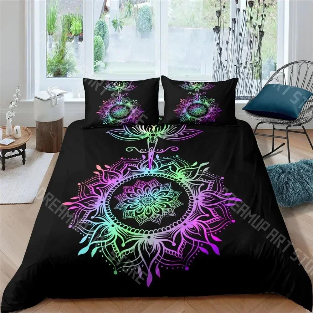 Bohemian Lotus 3pcs Bed Set Duvet Cover Set Mandala Flower Quilt Cover Adult Black Polyester Bedding Set Queen King Twin Te