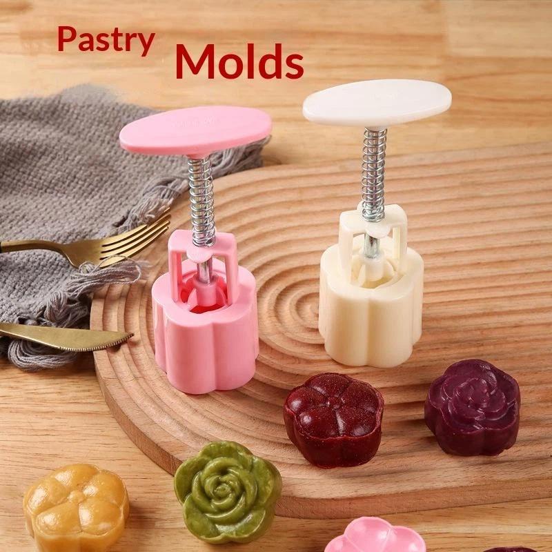 1Set Plastic Hand Press Mooncake Mold Diy Embossed Pastry Maker Household Kitchen Cake Baking Accessory
